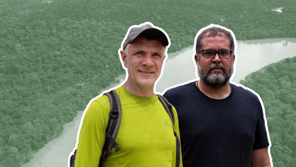 dom phillips and bruno pereira in front of amazonian background