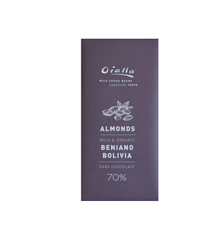 front packaging of oialla 70% dark bar with almonds