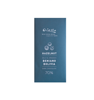 front packaging of oialla 70% dark bar with hazelnuts