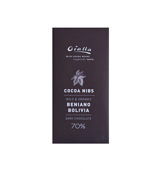 front packaging of oialla 70% dark bar with cocoa nibs