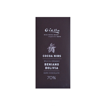 front packaging of oialla 70% dark bar with cocoa nibs