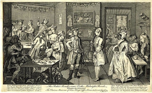history of drinking chocolate: 'the rake's midnight revels', depicting gambling and prostitution in a coffeehouse