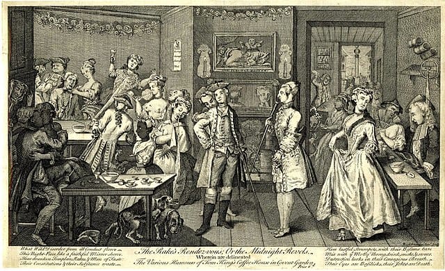 history of drinking chocolate: 'the rake's midnight revels', depicting gambling and prostitution in a coffeehouse