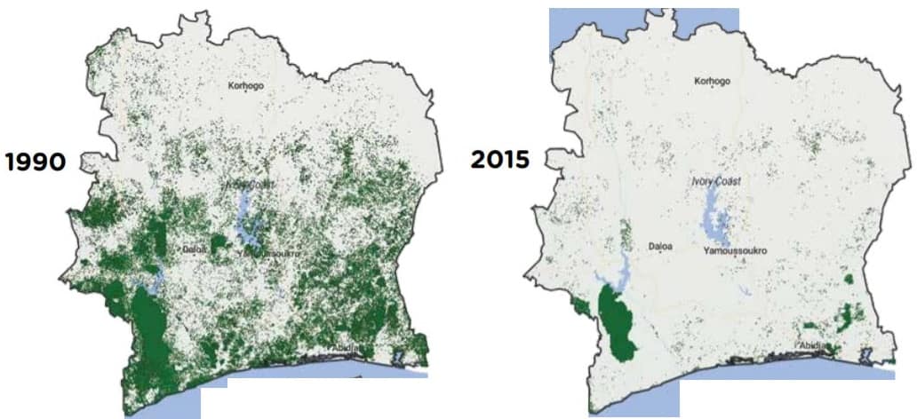 before and after maps of deforestation in ivory coast