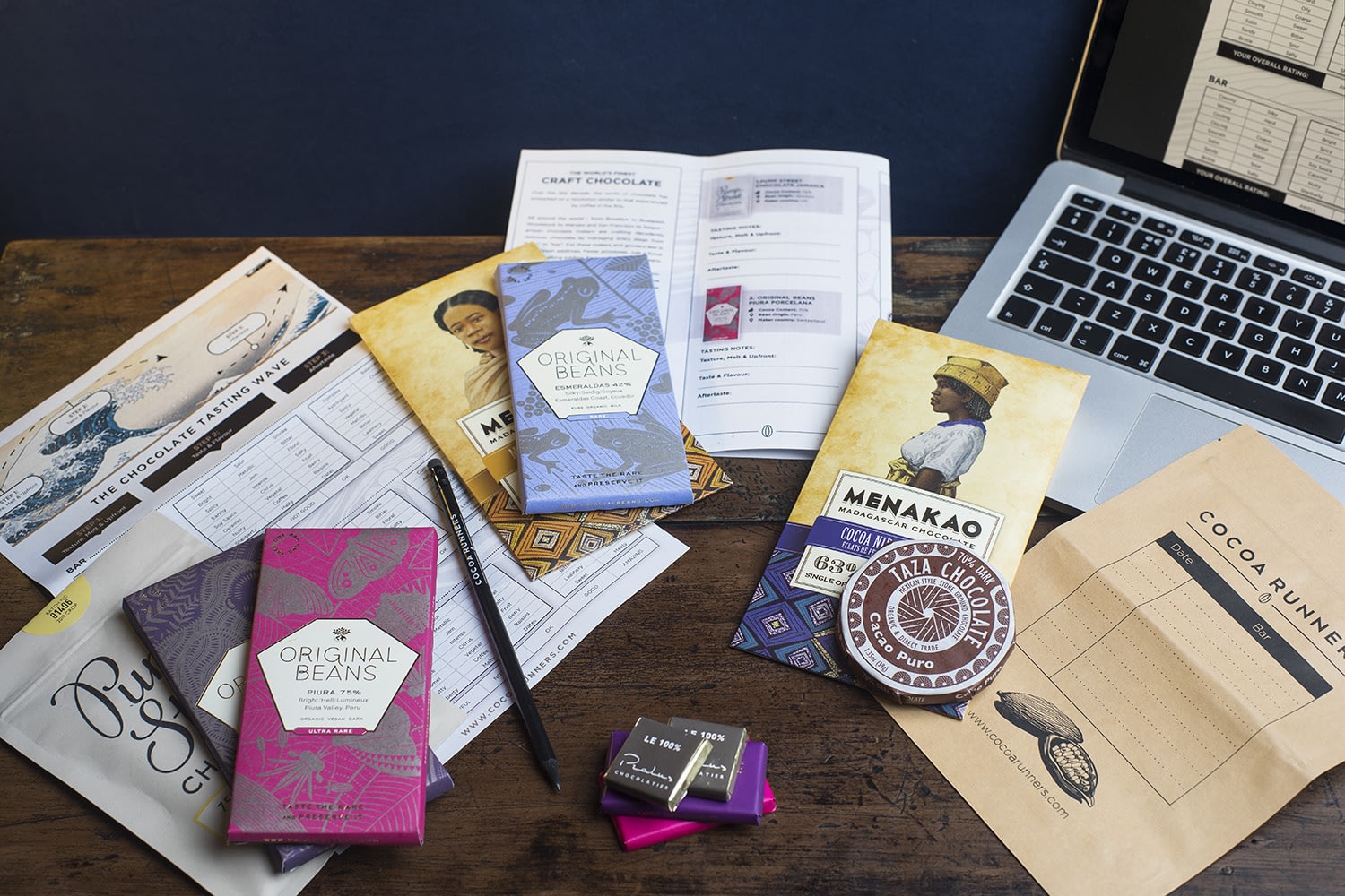 virtual chocolate tasting kit contents on a desk