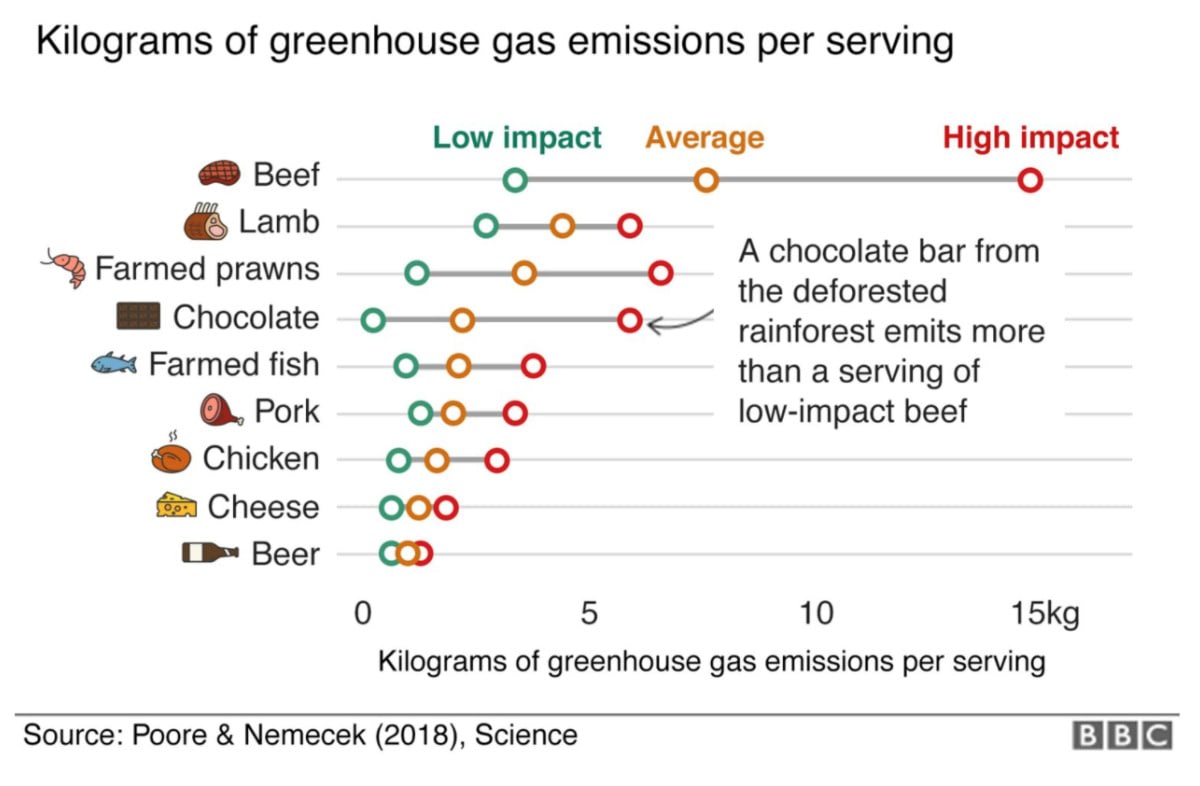 A graph which shows kilograms of greenhouse gas emissions per serving for lots of different foors, from low impact to high impact. Beef is at the top and chocolate is fourth, but the difference between low impact and high impact chocolate is huge - the lowest impact is lower than anything else on the graph. 