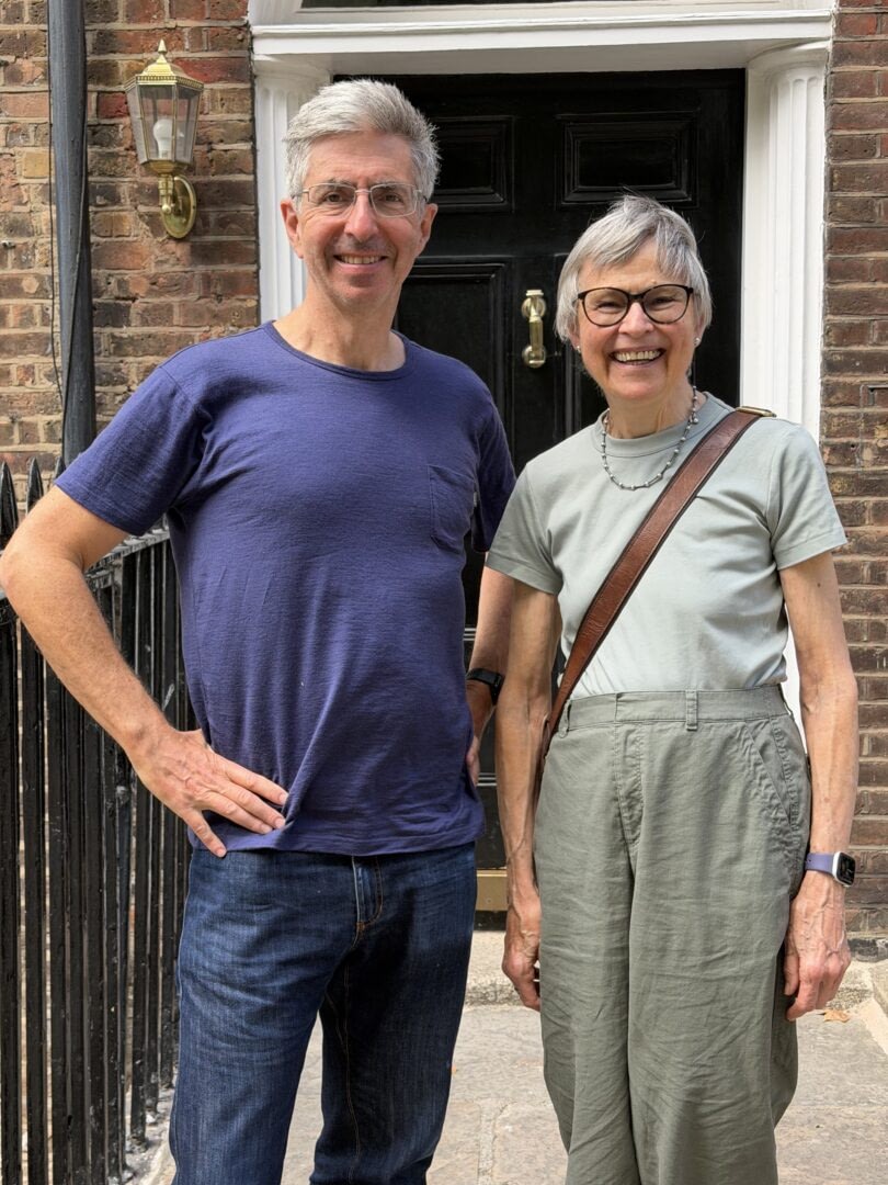 Spencer and Margaret outside Cocoa Runners office in London