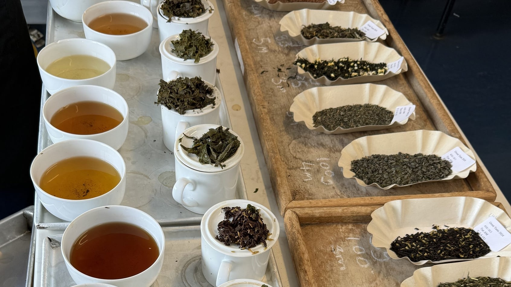 A tea tasting setup with small cups showing different brewed tea colors and corresponding loose leaves